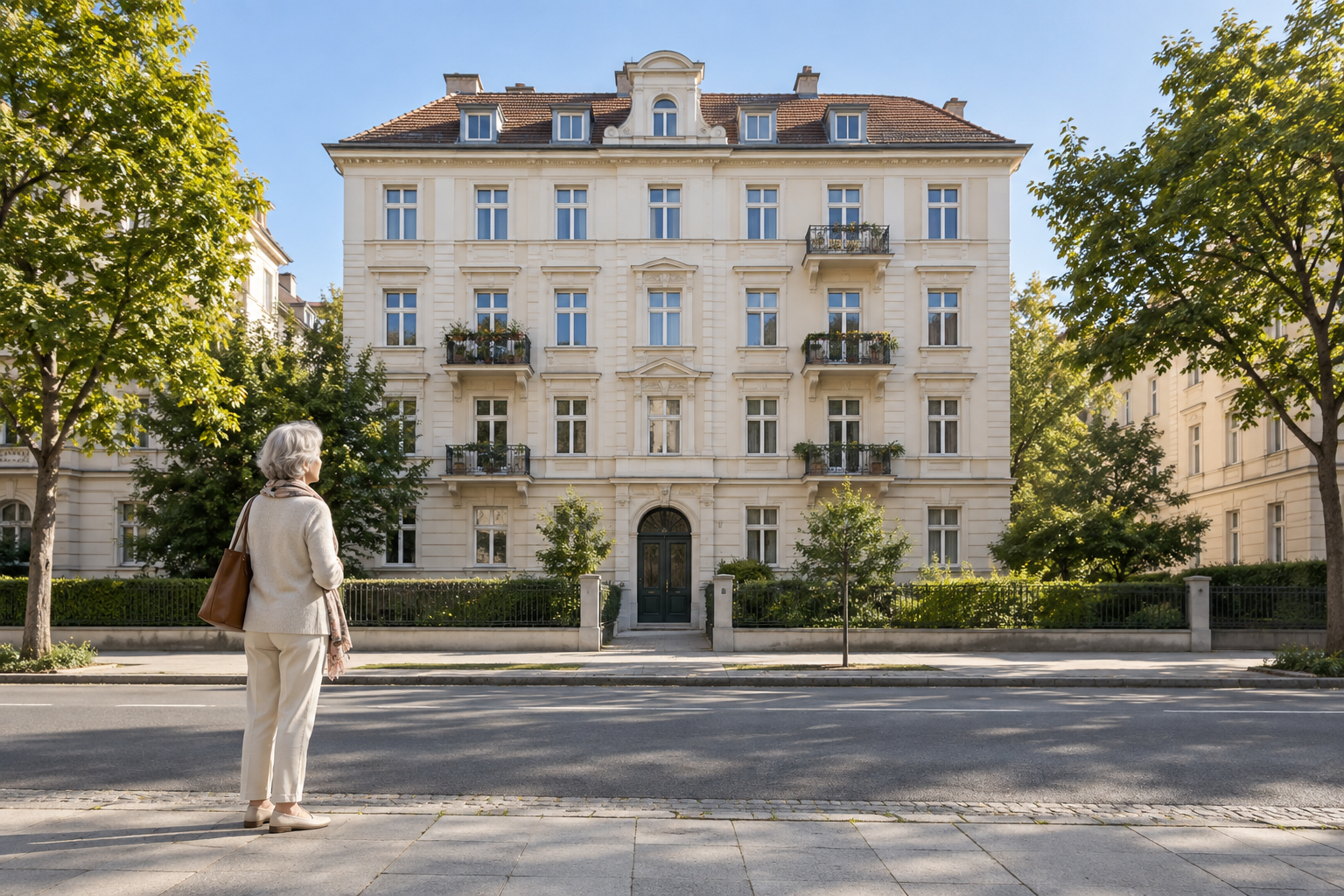 Ältere Frau betrachtet ein vollständig sichtbares Wiener Wohnhaus