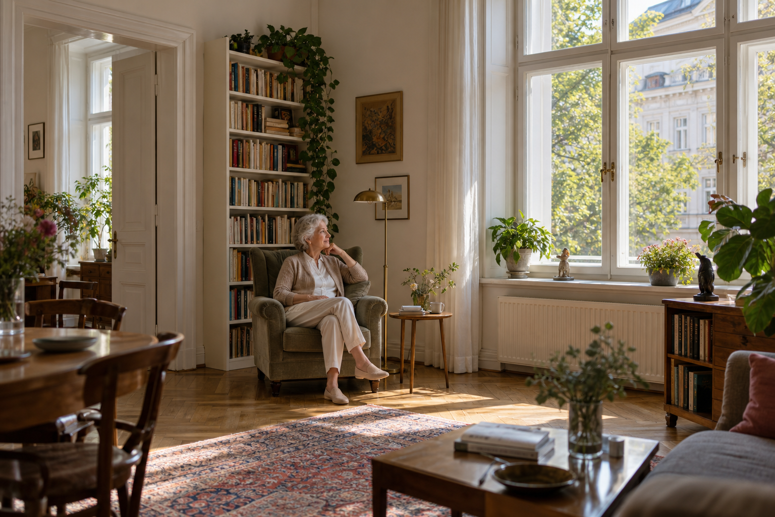 Ältere Frau sitzt vollständig sichtbar in einer hellen Wiener Wohnung am Fenster